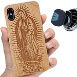 iProductsUS Wood Phone Case Compatible with iPhone XR and Magnetic Mount, Engrave Virgin Mary Cases, Compatible Wireless Charger, Built-in Metal Plate, TPU Shockproof Cover (6.1")