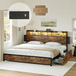 HAUSOURCE King Bed Frame with 2-Tier Storage Headboard and 2 Drawers LED Lights Bed Frame King Size Metal Platform Non-Slip Without Noise No Box Spring Needed Brown