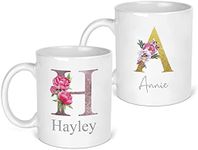 Personalised Mug Floral Initial with Name, Initial Mug, Gold, Rose Gold, Custom Gift for Her, Mum, Friend, Nan or Girls