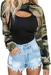 BEJONS Women Long Sleeve Cropped Super Crop Top Hoodies Sweatshirt Aesthetic Punk Hip Hop Dance Sexy Rave Cloth, Green Camo, X-Small-Small