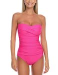 RELLECIGA Women's Neon Rose Tummy Control Swimwear Strapless One Piece Swimsuit for Women Ruched Padded Bathing Suits Size Medium