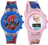 Matrix Unisex Stainless Steel Kids Pair Spiderman/Frozen/Marvel Avengers/Unicorn Digital Watch Set For Kids With Disco Led Lights (Boys & Girls) (Spider - Frozen),Band Color-Multicolor,Dial Color-Red