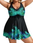 Plus Size Bathing Suit for Curvy Women V-Neck Ruched 2024 Swimdress Bathing Suits with Full Coverage Bottoms Thin Leaves 1X