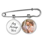 Personalised with ANY MESSAGE HERE- Wedding Bouquet Photo Bridal Charm Lapel Pin Bride Groom Boutonniere Custom Memory Memorial of Dad Mum Keepsake (White)