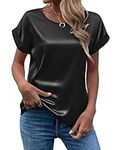 Zeagoo Satin Blouse for Women Crewneck Short Sleeve Shirt Business Casual Soft Cute Summer Silk Tops Black