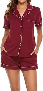 COLORFULLEAF Womens 100% Cotton Pajamas Short Set Soft Short Sleeve Sleepwear Button Down Summer Pjs Set with Pockets(Wine Red, Small)