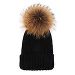 Vpang Winter Knitted Beanie Hat Soft Warm Wool Hat with Removable Faux Fur Pom Pom (Black)