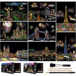 Scratch Art for Kids & Adults, Rainbow Engraving Painting Landscape Scratchboard(A4) Crafts Set: 8 Sheets 4 Tools - Fireworks, Tower Bridge, Big Ben, Cristo Redentor, Ferris Wheel(Landmark Building)