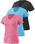 Star Vibe 3 Pack Women's Short Sleeve Dry Fit T-Shirts Moisture Wicking Athletic V-Neck Gym Tee Exercise Yoga Tops Black/Blue/Rose M