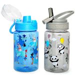Home Tune 16oz Kids Water Drinking Bottle - Tritan BPA Free, Auto Flip Chug Lid, Sip Straw Lid, Carry Loop, Lightweight, Leak-Proof Water Bottle Cute Design For Girls & Boys - 2 Pack Panda & Airplane