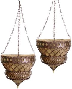 Austram Bronze Queen Anne Hanging Planters, 14 inch Diameter, Metal with Coco Liner, Set of 2