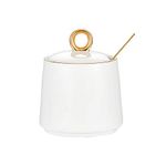 White Sugar Bowl Dispenser Salt Container Ceramic Sugar Bowl with Lid and Spoon for Home and Kitchen