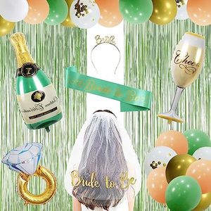 Vlipoeasn 33PCS Bachelorette Party Decorations - Green Bride to Be Party Decoration Kit, Bride to Be Sash, Crown, Veil, Foil Curtains, Champagne Bottle Goblet Balloons, Bridal Shower Party Supplies