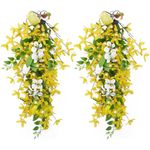 Valery Madelyn 2 Pack Pre-Lit Spring Forsythia Flower Teardrop Swag with Lights, 24 inch Summer Teardrop Wreath with Birds for Front Door Wall Window Indoor Outdoor Stair Shelf Fireplace Home Decor