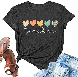 Teacher Tshirt Women Cute Hearts Graphic Teaching Tee Boho Teacher Shirt Short Sleeve Casual Summer T-Shirt Tops, Gray, XX-Large