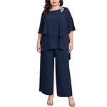 Hanna Nikole Women's Plus Size Trouser Suit Comfortable Lined Festive Trouser Suit Summer Elegant High Waist Vintage 2-Piece Set Cocktail Party Wedding Long Trousers Dark Blue 22 Plus