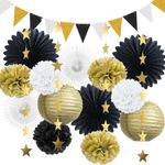 Black White and Gold Party Decorations Black Gold Birthday Decorations Pom Poms Paper Lanterns Paper Fans Party Decoration for Wedding Engagement Bachelorette Retirement Anniversary Graduation Party