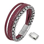 murtoo Mens Bracelet Leather Bracelet for Men Brown Black Leather with Stainless Steel Chain Bracelet Bracelet for Men Gift (Silver Red, 8.5'')