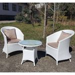 DEVOKO 3 Piece White Rattan Outdoor Patio Bistro Set with Cream Cushion & Glass Top Table Ideal for Balcony, Garden, Deck, Lawn, Poolside