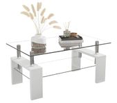 GOLDFAN Glass Coffee Table with Storage Shelves, 2-Tier White High Gloss Table with Wood Legs for Living Room,39''x23.6''x17.7''(White)