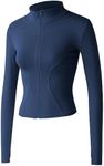 Gacaky Women's Slim Fit Lightweight Athletic Full Zip Stretchy Workout Running Track Jacket with Thumb Holes, Dark Blue, Medium