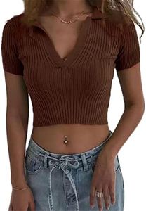 Hyipels Women Knit Crop Polo Shirts,Summer Short Sleeve Ribbed Collared T-Shirt Solid Fitted V Neck Tops Brown