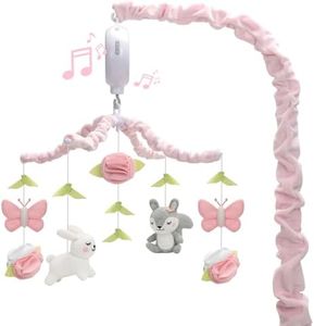 NICEMER Crib Mobile for Girls, Soft Knitted Woodland Characters Rabbit Squirrel, Pink and White Nursery Decor, Calming Soother with 12 Lullabies Essential and Perfect Gift for Girls