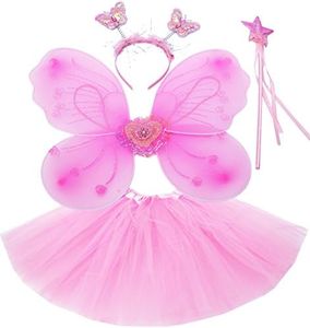 Fun Play TOWO Deguisement de Clochette fée Papillon - Ailes, Baguette, Serre-tête et Tutu - Déguisement Papillon pour Enfants 3-8 Ans - Couleur Rose