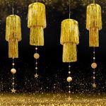 Cheerland Gold Hanging Chandelier, 2 Tier Tinsel Fringed Ceiling Ornament with Circle Star Garland for Kids Men Women Birthday Party, Wedding, Anniversary, Milestones, Home Decoration Supplies