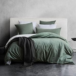 SOULFUL Housse de Couette 240x260 Coton, Verte Sauge Ensembles de Housse de Couette avec Fermeture Éclair, 100% Coton Lavé, Texture Lin, Parure de Lit 240x260 Coton avec 2 Taie d'oreiller 65x65 cm