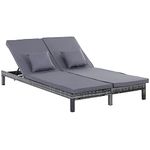 Outsunny Garden Double Rattan Sun Lounger Companion Reclining Recliner Wicker Weave Patio Outdoor Furniture Cushioned - Grey