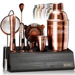 BARE BARREL® Cocktail Making Kit | 14-Piece Bartender Kit Cocktail Shaker Set Maker | Bamboo Display Stand & 35 Recipe Cards | Mixology Cocktail Gift Set (675ml/24oz Cobbler Shaker, Copper/Black)