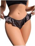 OYOANGLE Women's Silk Stain Ruffle Trim Thong Panties Low Rise No Show Underwear Black Medium