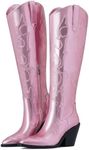 Erocalli Cowboy Boots for Women Cowgirl Knee High Boots Metallic Pull On Almond Toe Boots Embroidered Side Half Zip Western Boots, 1 Lite Pink, 6 US