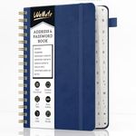 WEMATE Spiral Address Book with Alphabetical Tabs, Leather Password Book, Address Organizer Telephone Notebook Journal Keep Contact Safe Hardcover Large Print for Seniors Home Office 5.8″×8.2″, Blue