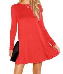 Womens Ladies Long Sleeve Midi Plain Flared A line Skater Swing Dress Jersey Tee, M/L 12-14, Red