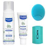Mustela Cradle Cap Foam Shampoo For Newborns 150ml & Cradle Cap Cream 40 ml Bundled With Alimos Baby Bath Silicone Brush & Fine Tooth Comb