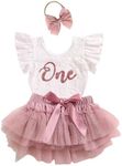 Domisola Baby Girls My 1st Birthday Outfits Sleeveless Floral Lace Romper + Tutu Skirt + Headband Set (B- Fly Sleeve 3pcs Skirt Set- Pink, 6-12 Months)