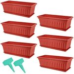 PINGEUI 6 Pack 43cm Plastic Window Box Planter, Rectangular Windowsill Planter Countryside Flower Box Planter, Vegetable Growing Containers with Trays and 30 PCS Plant Labels, Terracotta Color