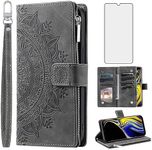 Asuwish Phone Case for Samsung Galaxy Note 9 Wallet Cover with Tempered Glass Screen Protector and Wrist Strap Mandala Flower Leather Flip Zipper Card Holder Slot Cell Note9 Not S9 Women Men Grey