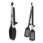 Hongtellor Kitchen Tongs-2 Pack Kitchen Tongs w/ Resting Gadget Non-Slip Stainless Steel Cooking Tongs Set Cooking Tongs Silicone Tongs Kitchen,BBQ，Serving，Frying，Salad & Cooking(Black) (K-001)