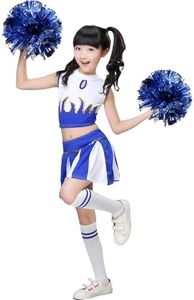LOLANTA LittleKid Girls Cheerleader Costume Crop Tank Pleated Skirt Set Cheer Outfit with Pom Pom(Blue, 6-7)]