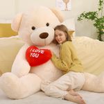 MorisMos I Love You Giant Teddy Bear 5ft with Heart, 150cm Big Bear Stuffed Animal Plush Toy Soft Cuddly Large, Kawaii presents for Kids Girls Girlfriend Christmas Birthday Party Decorations (Ivory)