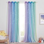 NICETOWN Kids Room Decor for Girls, Starry Rainbow Theme Drapes Overlapped with Tulle, Romantic Princess Decor for Girl (1 Pair = 104 inches Wide, 63 inches Long, Cold Rainbow, 4 Tiebacks Included)