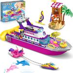 HOGOKIDS Boat Building Set with LED Light - Floatable Cruise Ship Building Toys with Beach Water Scooter & Dolphins Watchtower Blocks Friends Playset Gifts for Kids Girls Boys Ages 6-12 Years（501 PCS）