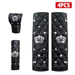 eing Pu Leather Car Seat Belt Cover Shoulder Seatbelt Pad Handbrake Cover Gear Shift Cover with Bling Rhinestones Crown Car Accessories,4PCS/Set,Black