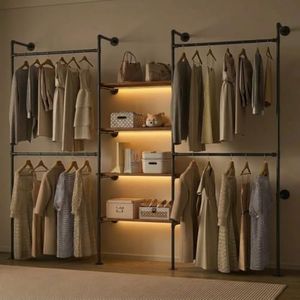 DABILONGC Industrial Pipe Clothing Rack with LED Lights& Shelves,Black