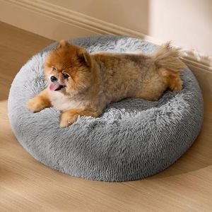 Bedsure Donut Dog Bed Medium - Anti Anxiety Puppy Bed for Small Dogs, Fluffy Calming Large Cat Bed Washable, Light Grey, 60x60x20cm
