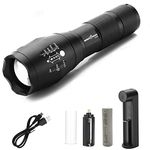 amiciVision Metal Led Flashlight, Xhp50 Led Water Resistant Zoomable Torch with 5 Lighting Modes for Camping, Hiking with 1X18650 Battery and Smart Battery Charger, 250 Lumen