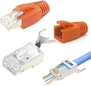 VCELINK Cat7 Cat6A RJ45 Pass Through Connectors Shielded 30-Pack, UL-Listed 3-Prong 50μ Gold Plated Modular Plug Ethernet Ends with Strain Relief Boots (Orange)